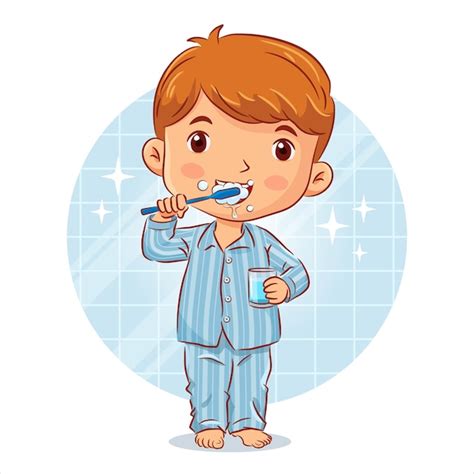 Premium Vector Little Boy In A Pyjamas Stands Brushing Teeth And