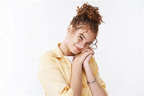 Cute Tender Feminine Pretty Redhead European Woman Curly Messy Hairbun Freckles Tilting Head