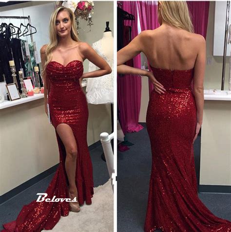 Wine Red Sweetheart Sequin Fitted Formal Gownprom Dress Slit · Beloves