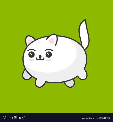 Cute Cartoon Kawaii White Cat On Green Background Vector Image