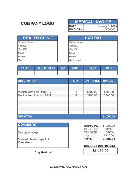 Free Medical Invoice Template Templates Printable
