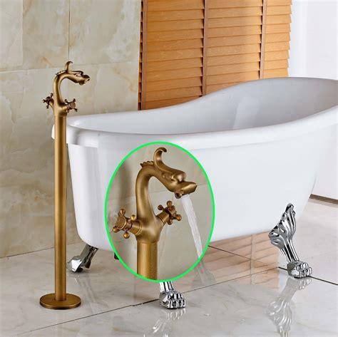 Freestanding bathtub faucet handle shower sprayer dual handle floor mount orb. Dragon Style Dual Handles Bathtub Faucet Antique Brass ...