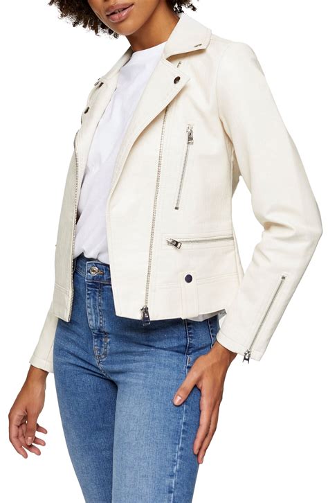 Womens Topshop Fred Faux Leather Biker Jacket Size 2 Us Ivory
