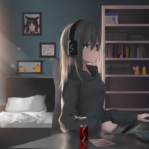 2048x2048 Anime Girl Headphones Working 4k Ipad Air Hd 4k Wallpapers