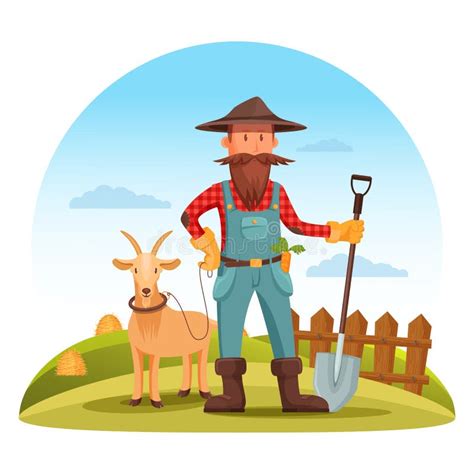 Homem Do Fazendeiro Com Pá E Cabra No Campo Ilustração Do Vetor
