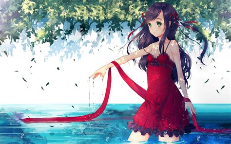 Red Dress Water Leaves Anime Anime Girls Wallpapers Hd