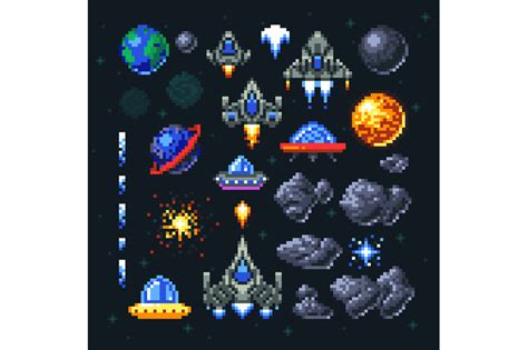Retro Space Arcade Game Pixel Elements Invaders Spaceships Planets