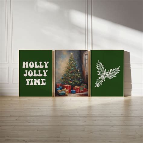 Set Of 3 Christmas Art Prints In Green And Beige Digital Etsy