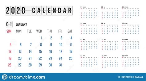 Calendar For 2020 Year Vector Illustration Stock Vector Illustration
