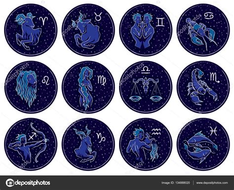 Collection Of All Zodiac Signs On Night Starry Sky Background Stock