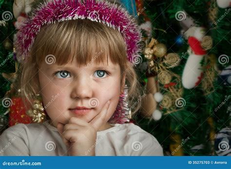 Little Child Girl Near Christmas Tree Happy New Year Stock Image