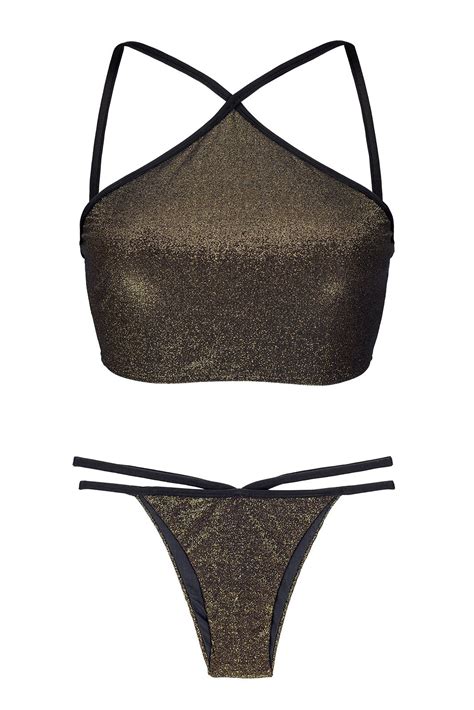 Black Lurex Crop Top Bikini With Strappy Bottom Radiante Cropped