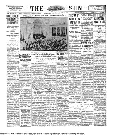 Retro Baltimore The Sun Front Page May 31 1922 Click On The