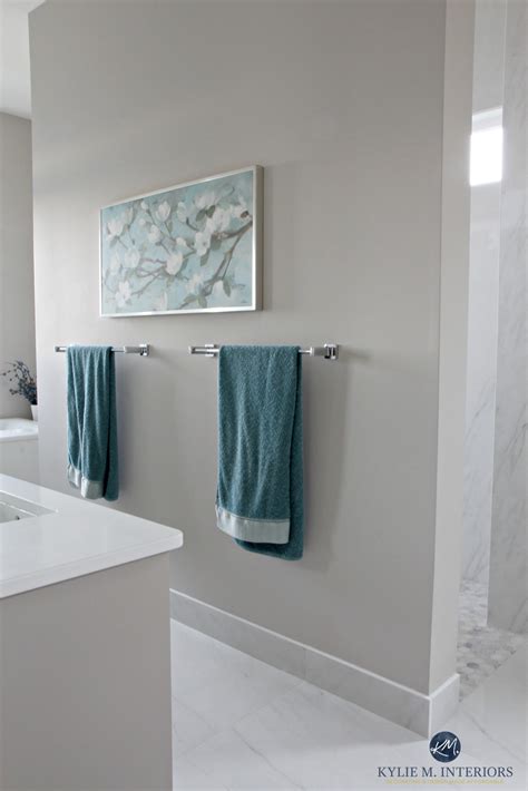 Bathroom With Marble Floor And Shower With Benjamin Moore Balboa Mist