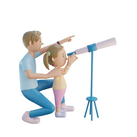 3d Render Father And Daughter Using Telescope Together Illustration