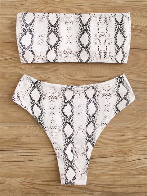 Snakeskin Print Bandeau With High Waist Bikini Set Shein High