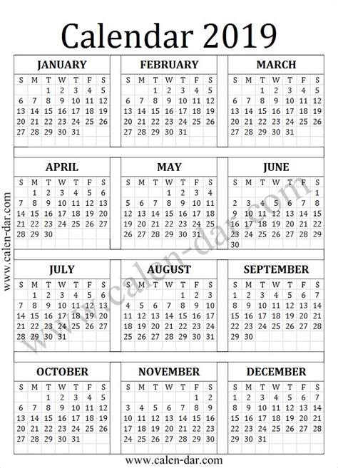 2019 Year Calendar A4 In 2021 Calendar Printables Monthly Calendar