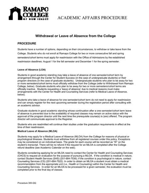 Academic Affairs Procedure Withdrawal Or Leave Of Absence From The