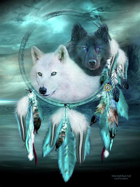 Dream Catcher White Wolf Black Wolf Mixed Media By Carol
