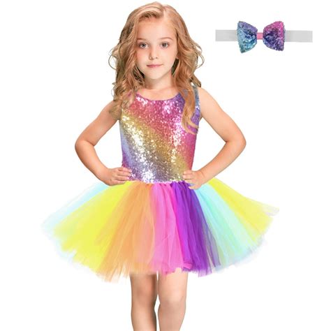 Girls Rainbow Sequins Tutu Dress For Kids Backless Sleeveless Fancy