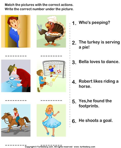 action verbs match sentences  picture worksheet turtle diary