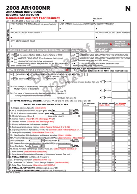 Form Ar1000nr Arkansas Individual Income Tax Return Draft 2008