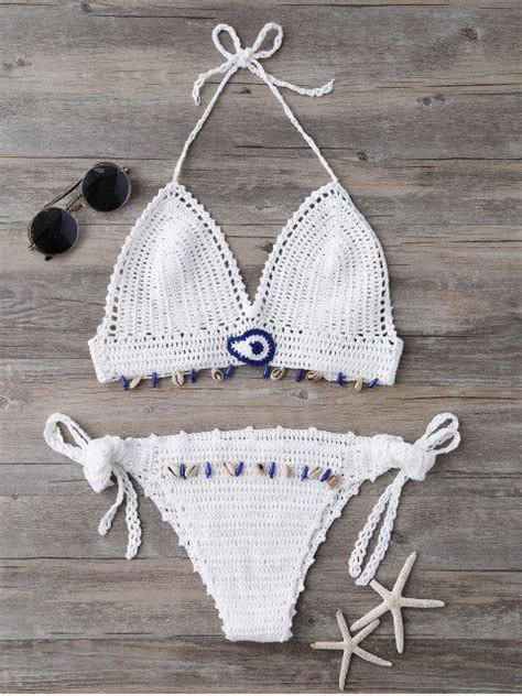 Shell Embellished Halter Crochet Bikini Set White One Size Crochet