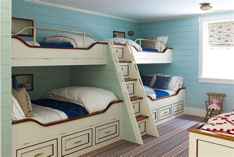 Cream Nautical Built In Bunk Beds With Built In Storage Staircase