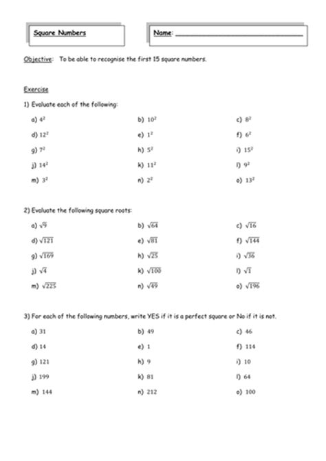 Square Numbers Worksheet Teaching Resources