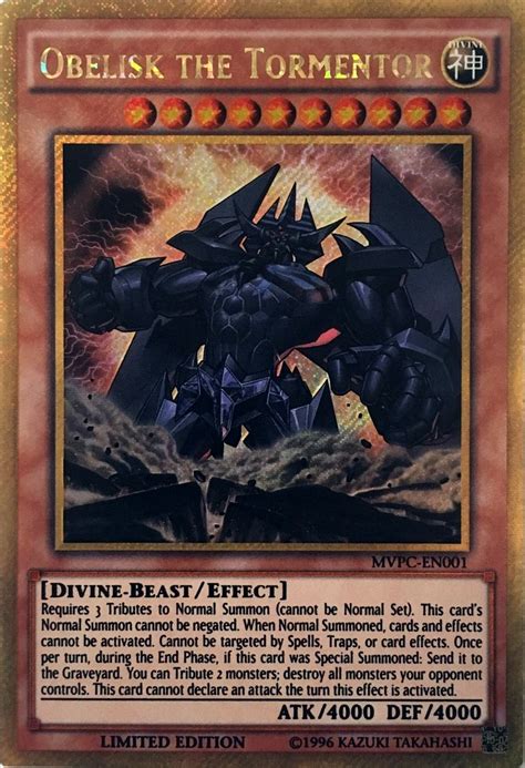 Binders offer less protection than top loaders or professional grading and inexperienced collectors can inadvertently damage their cards if they are not careful. Obelisk the Tormentor - MVPC-EN001 - Gold Secret Rare - Yu-Gi-Oh! Singles » English Yugioh ...