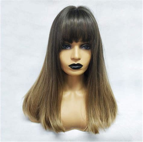 Black Straight Hair Wig With Black Lady Brown Mixed Wig Heat Resistant Fiber