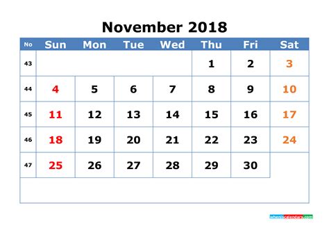 November 2018 Calendar With Week Numbers Printable
