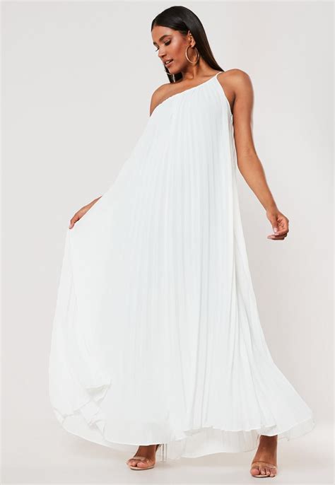 White One Shoulder Pleated Maxi Dress Missguided 41 Trending Dresses Plisse Dress Dresses