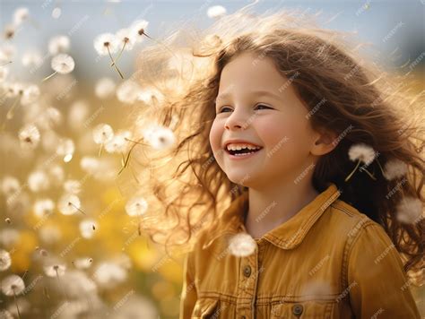 Premium Ai Image Delightful Little Girl Blowing Dandelion Seeds With