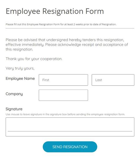 Free Employee Resignation Form Template 123formbuilder