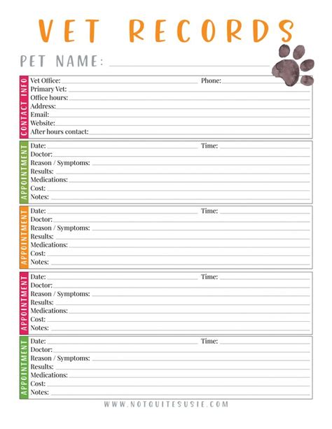 Free Printable Pet Vet Records Chart Pet Health Record Pet Care