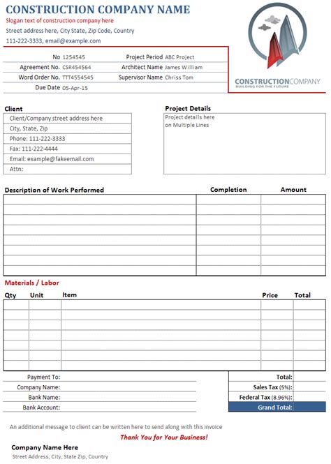Construction Invoice Template Invoice Example