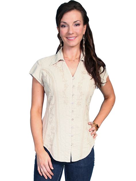 Scully® Women's Cotton Soutache Cap Sleeve Button Western Blouse