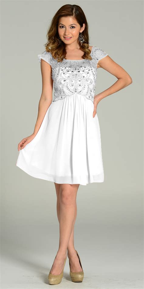 Short Chiffonmesh Cap Sleeve Dress White Empire Waist Discountdressshop