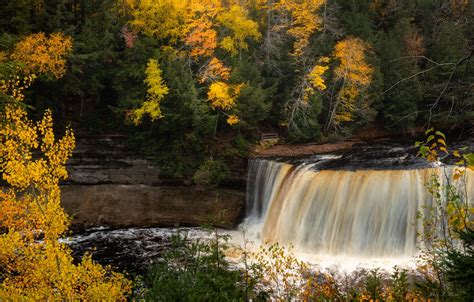 Wallpaper Autumn Forest Trees River Waterfall Michigan Michigan