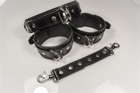 fetish black leather restraints set collar and cuffs bdsm set etsy