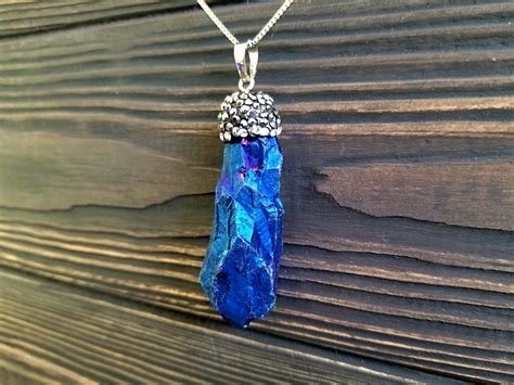 Titanium Blue Quartz Crystal Necklace • Raw Stone Necklace • Blue