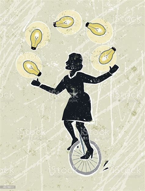 Businesswoman Juggling Idea Light Bulbs On Unicycle Stock Illustration