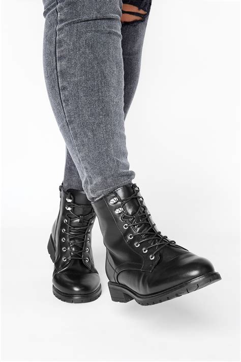 Black Vegan Leather Lace Up Combat Boots In Extra Wide Fit Long Tall