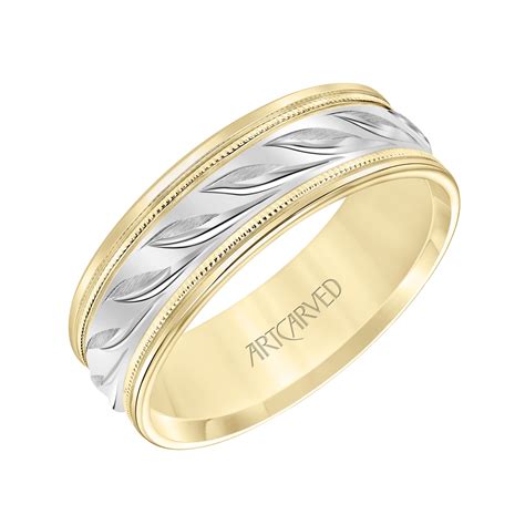 Artcarved 7mm 14k Yellow And White Gold Diagonal Grooved Milgrain Band