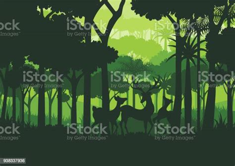 Deers Wildlife And Green Silhouette Forest Background Stock