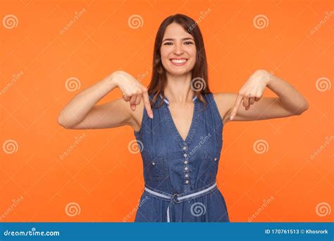 Attention Advertising Cheerful Happy Brunette Woman Smiling And