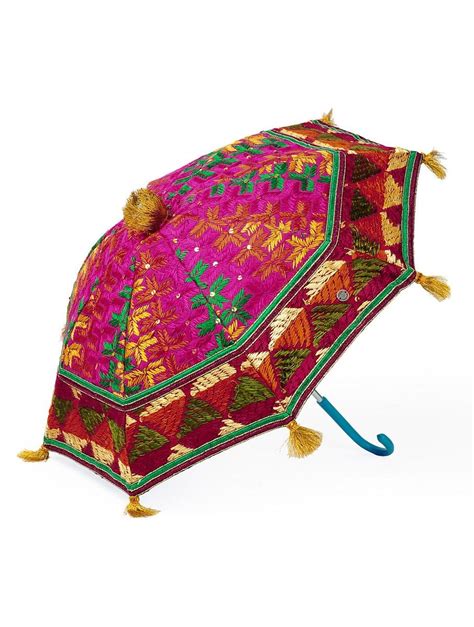 Buy Pink Multi Color Cotton Zari Tassles Phulkari Umbrella Online At