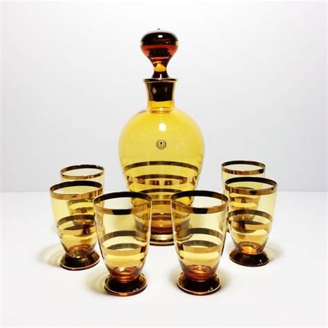 Vintage Mid Century Styled Amber Decanter Bar Set With Gold