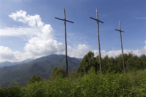 View Of Three Crosses In Mountain Stock Image Image Of Vercelli
